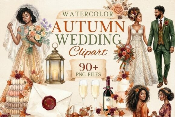 Elegant Black Autumn Wedding Clipart PNG Bundle