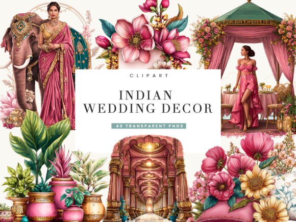 Indian Wedding Decor Clipart: Vibrant Watercolor Assets for Your Designs