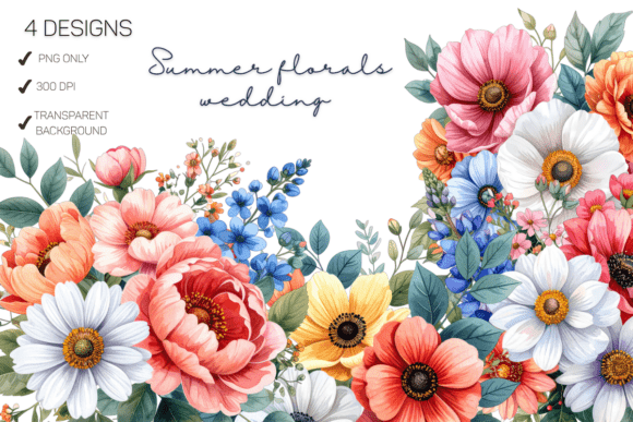 Summer Floral Wedding PNG: Soft Watercolor Blooms