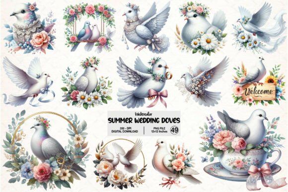 Summer Wedding Doves Clipart: 49 PNGs for Your Designs