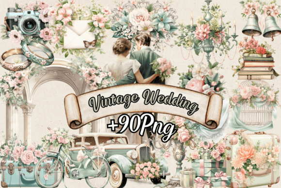 Vintage Wedding Clipart | +90 PNG for Timeless Projects