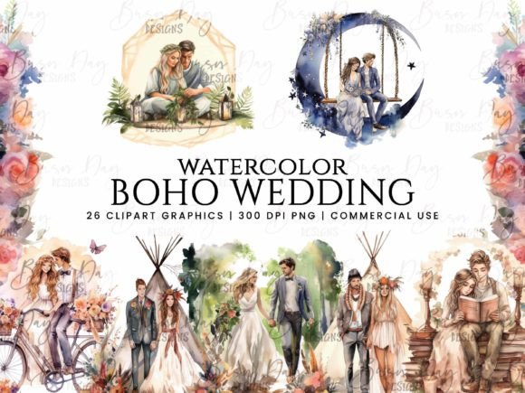 Watercolor Boho Wedding Clipart Bundle: Elevate Your Designs