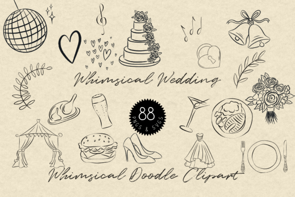 Whimsical Wedding Doodle Clipart: 88 Hand-Drawn Elements for Joyful Design
