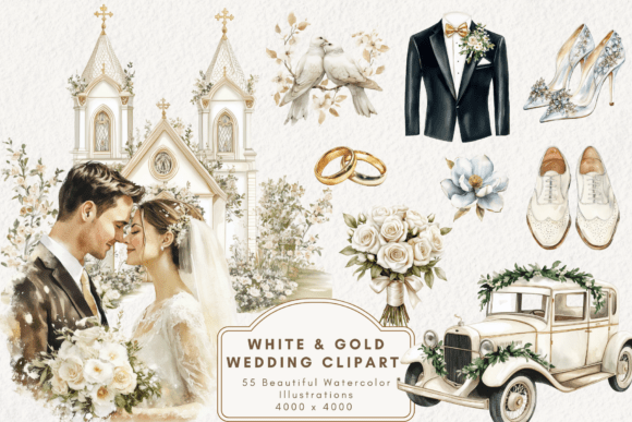 White & Gold Wedding Clipart: Elevate Your Designs